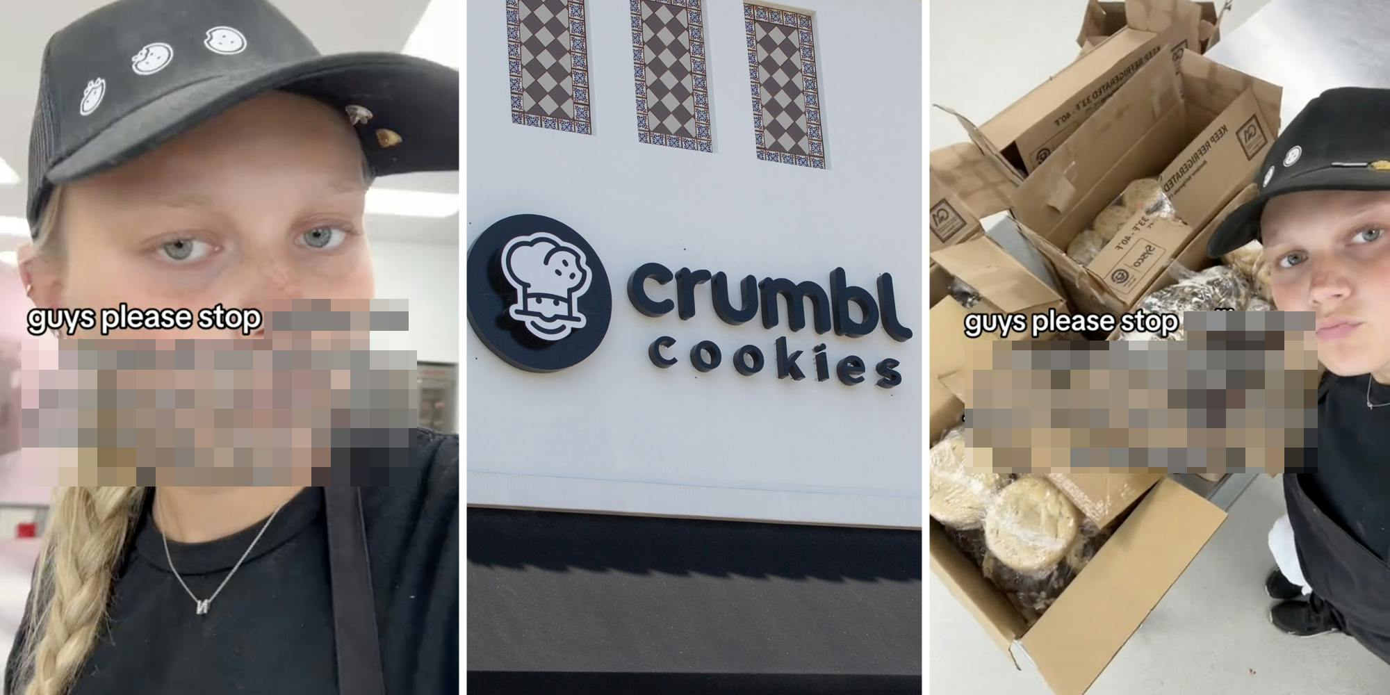 Crumbl cookie worker(l+r), Crumbl Cookies sign(c)