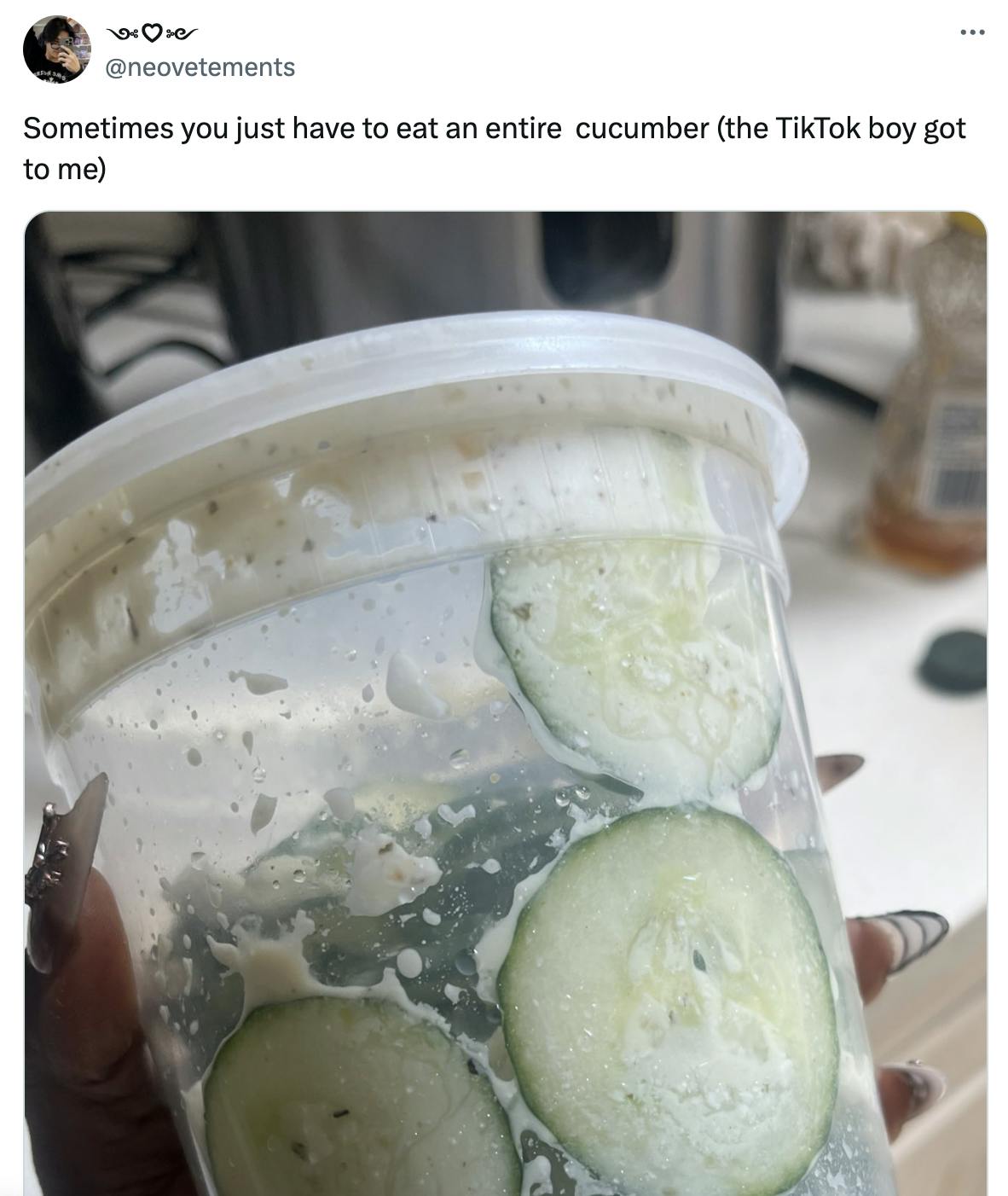 Photo of a cucumber salad in a tupperware. Text reads, 'Sometimes you just have to eat an entire cucumber (the TikTok boy got to me)'