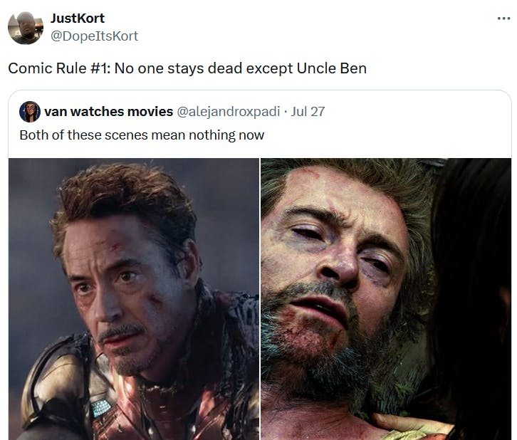 Deadpool and Wolverine meme showing Robert Downy Jr. as Iron Man and Hugh Jackman as Wolverine.