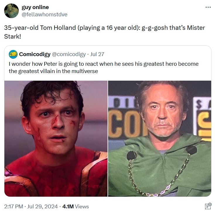 Robert Downy Jr. as Dr. Doom meme with an image of Infinity War Spider-Man.