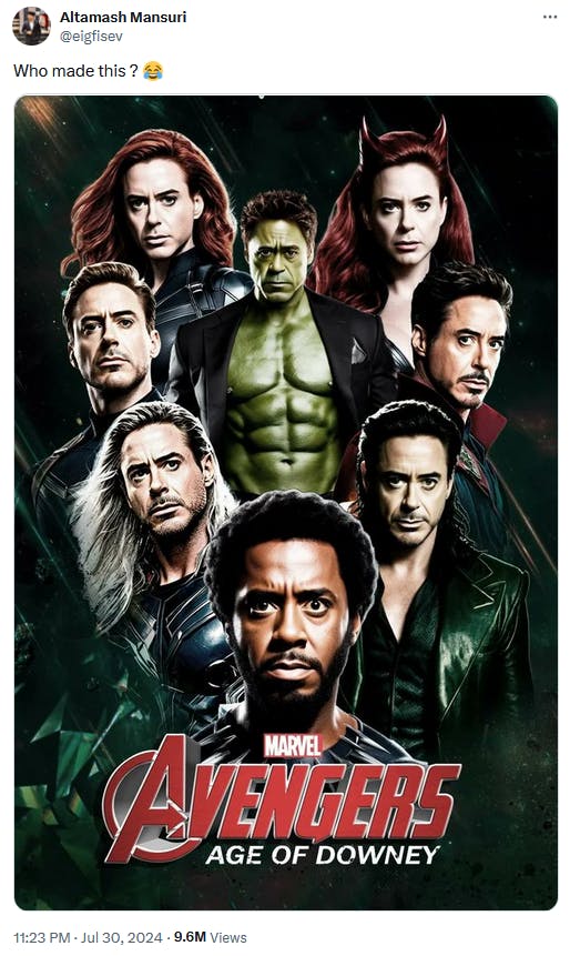 Deadpool and Wolverine meme with an 'Avengers' poster only Robert Downy Jr. is every character.