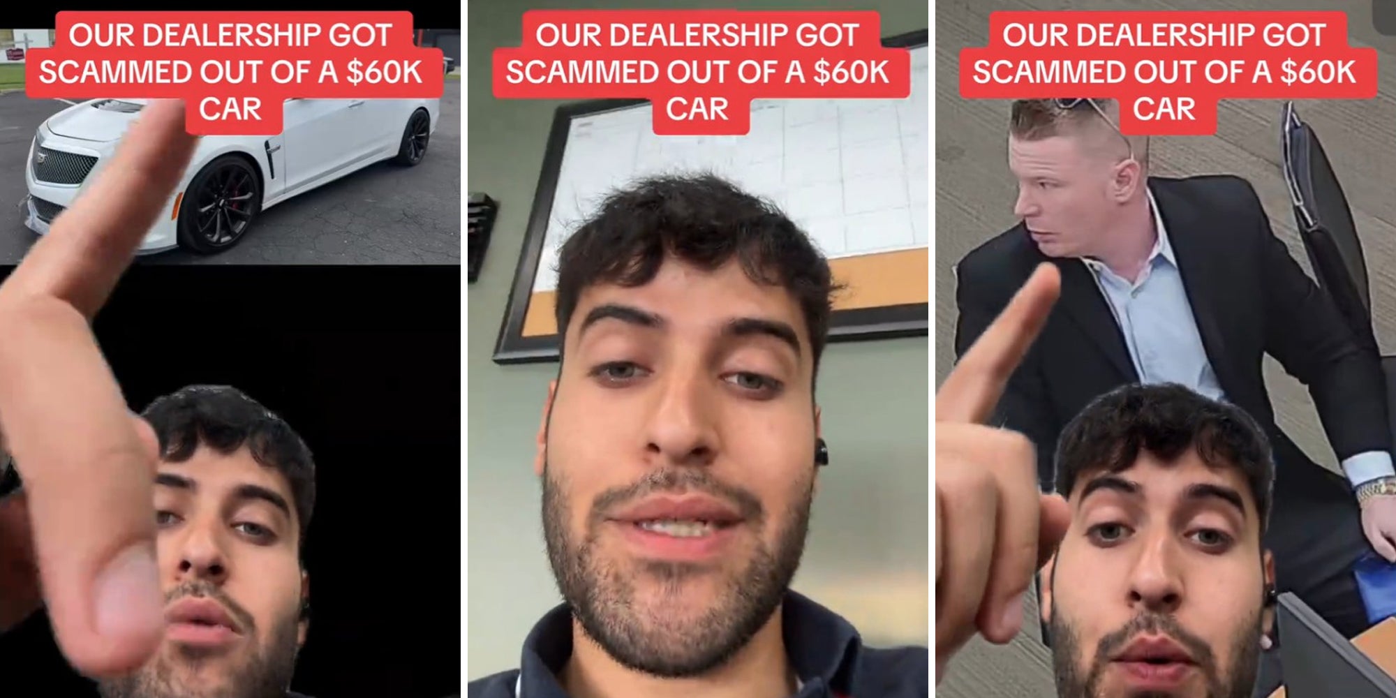 man pointing at car (l) man in office (c) man pointing at photo of another man sitting at desk (r) all captioned 'our dealership got scammed out of a $60k car'
