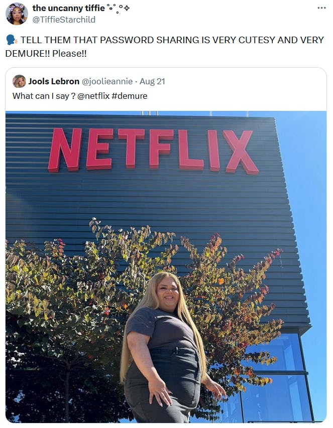 Demure meme responding to a photo of Jools Lebron in front of the Netflix building.