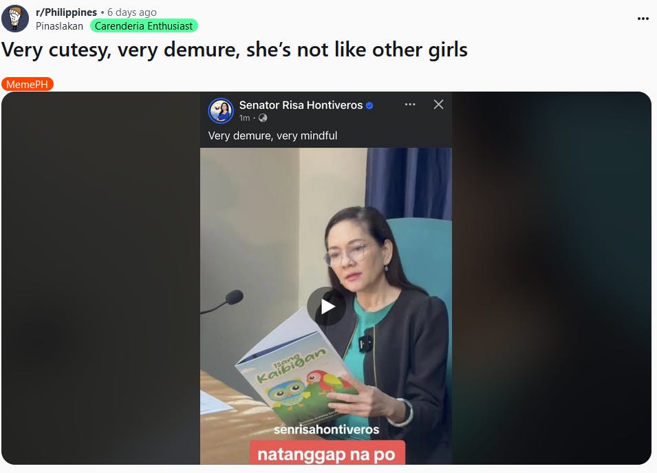 Demure meme with a photo of Senator Risa Hontiveros of The Philippines.