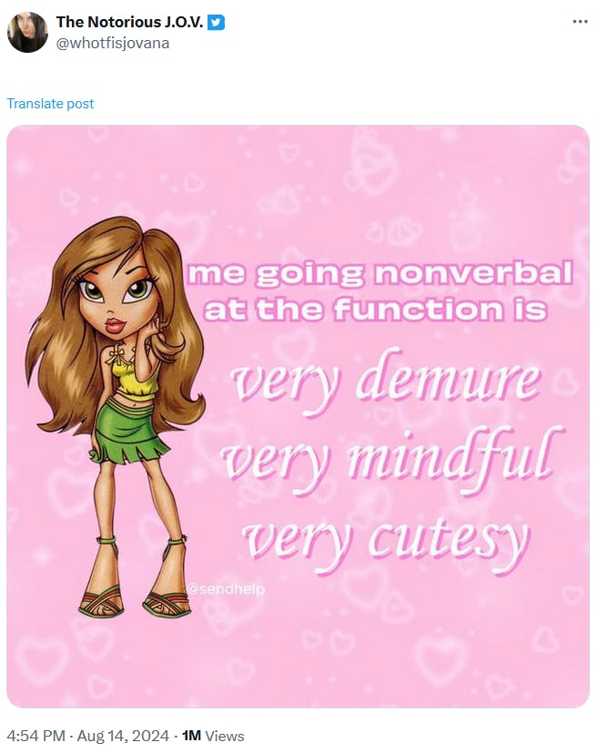 Demure meme with a Bratz style graphic.