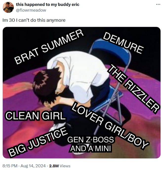 Demure meme with an anime screenshot showing a person hunched over in a chair surrounded by trendy terms.