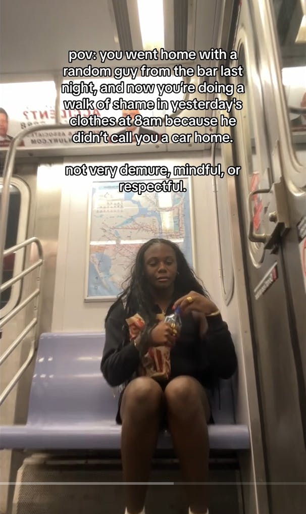 Demure TikTok meme about taking the subway home from a one night stand.