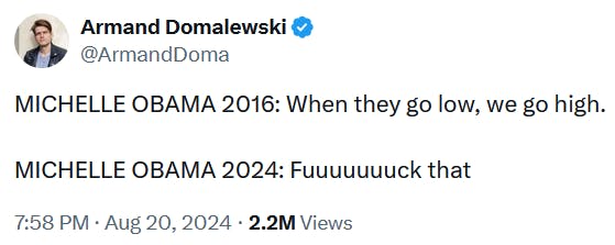 Tweet reading 'MICHELLE OBAMA 2016: When they go low, we go high. MICHELLE OBAMA 2024: Fuuuuuuuck that'