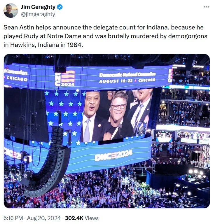 2024 DNC meme about Sean Astin's appearance for Indiana.