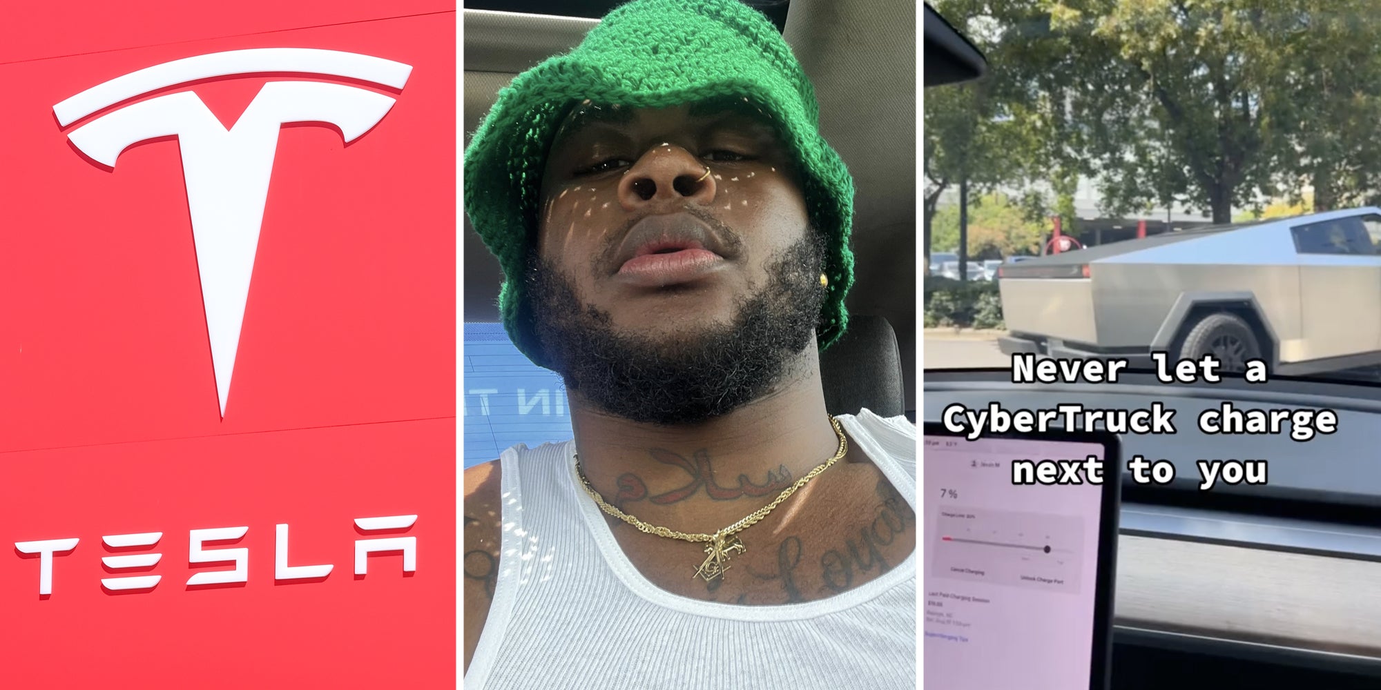 Tesla sign(l), Man talking(c), View of cybertruck in parking lot(r)