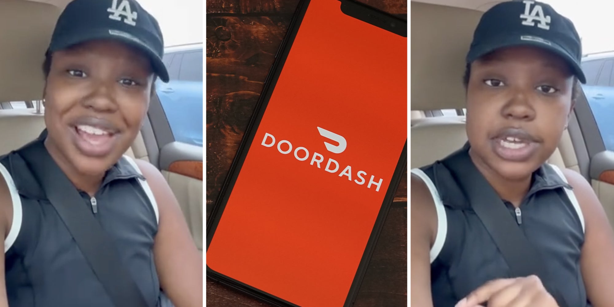 Woman talking(l+r), Phone with doordash app(c)