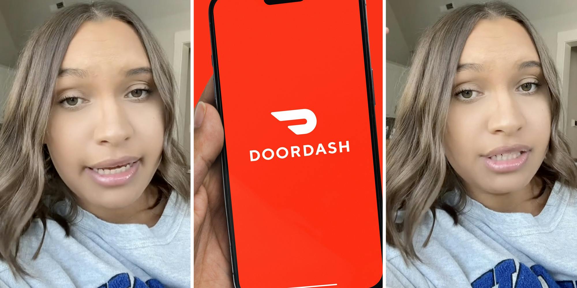 Woman talking(l+r), Hand holding phone with doordash app(c)