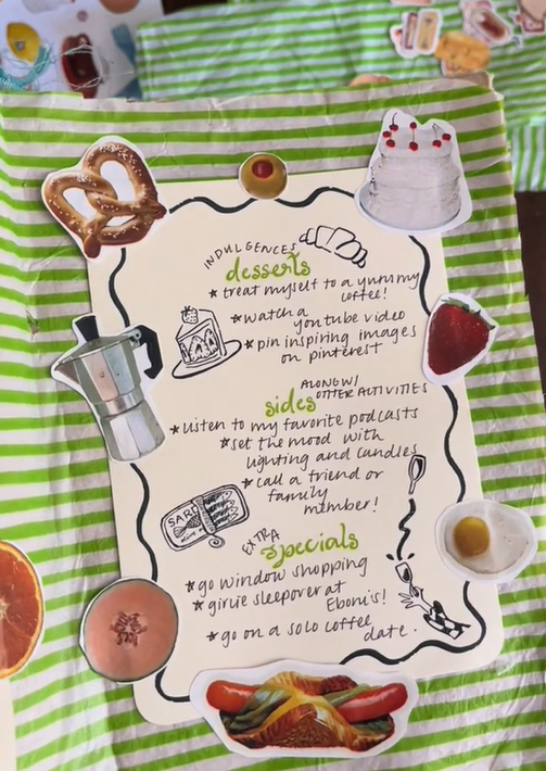 Dopamine menu craft video on green and white striped paper.