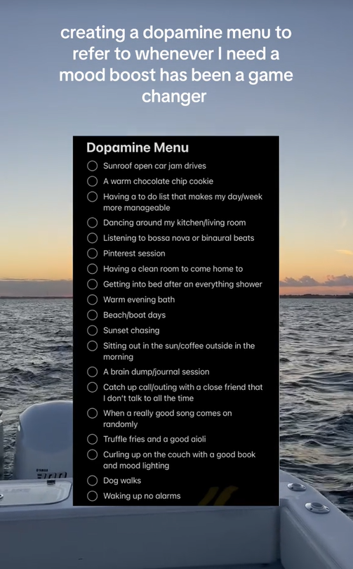 Dopamine menu TikTok video showing a simple list on a seascape background.