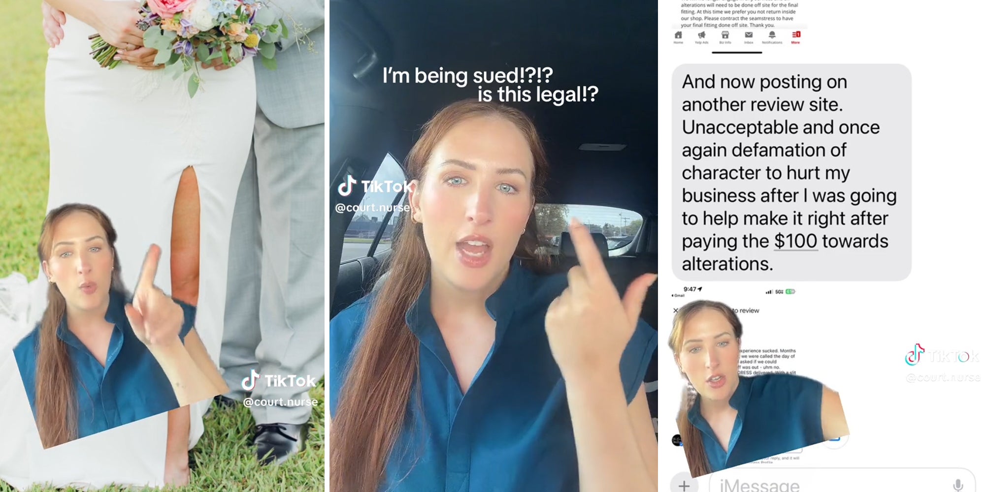 woman pointing to slit in wedding dress (l) woman in car with caption 'I'm being sued!?!? is this legal!?' (c) woman in front of text messages (r)