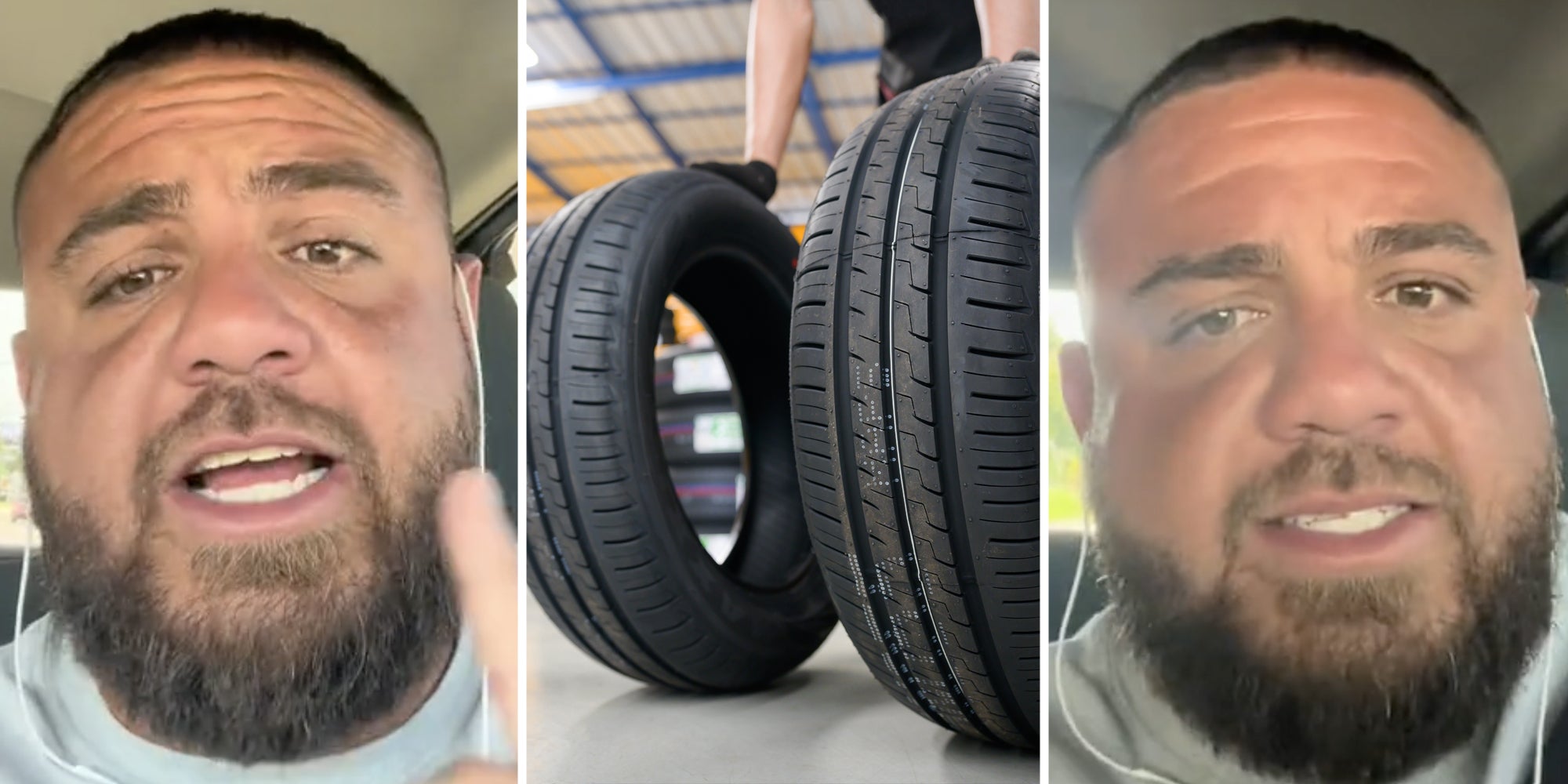 Man talking(l+r), Man rolling car tires(c)