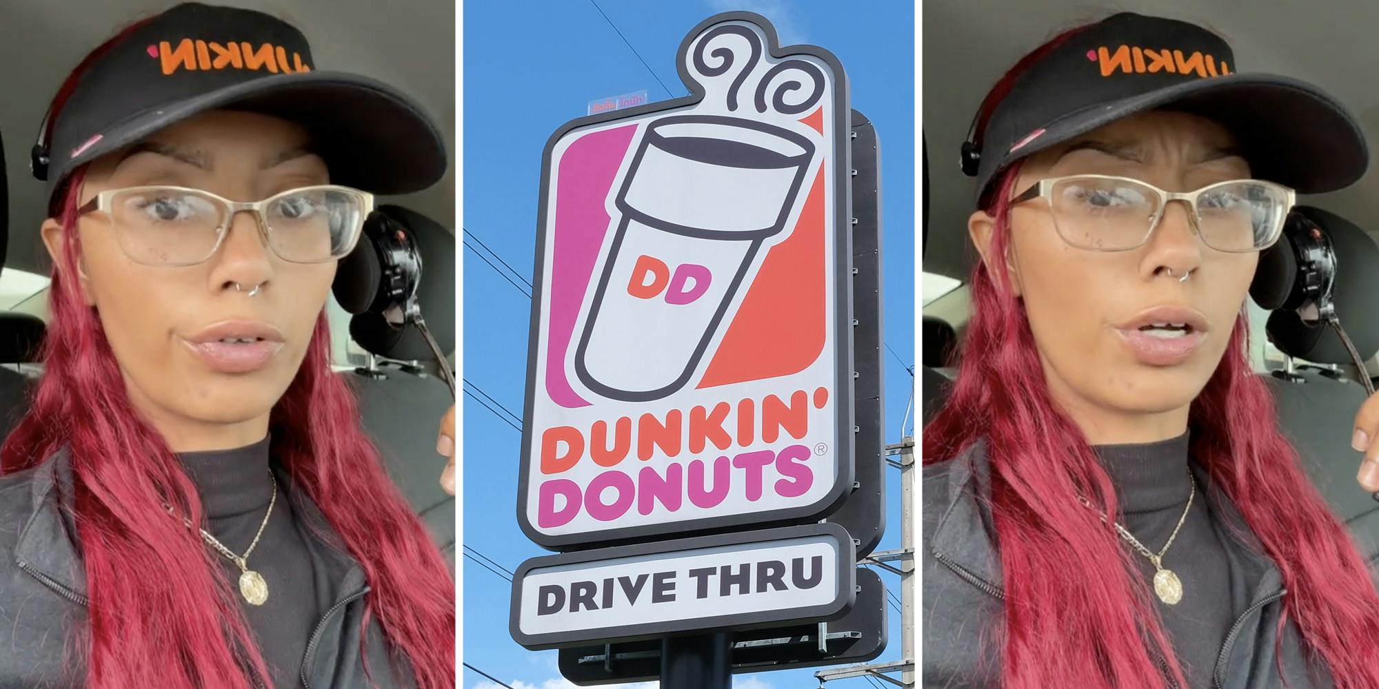 Dunkin Donuts worker talking(l+r), Dunkin Donuts drivethru(c)