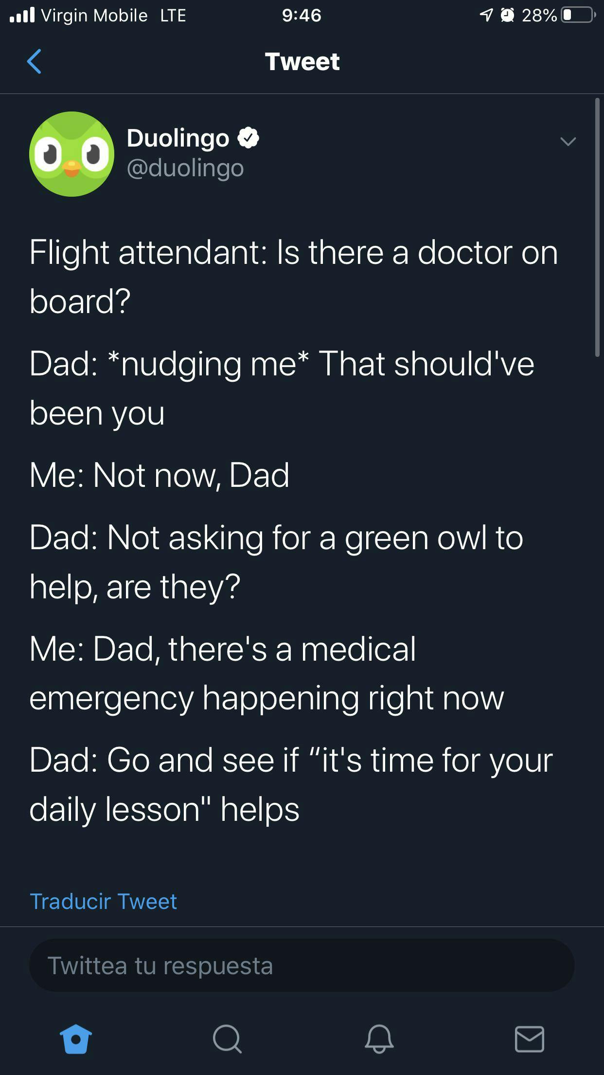 duolingo meme about 'is anybody on the plane a doctor'