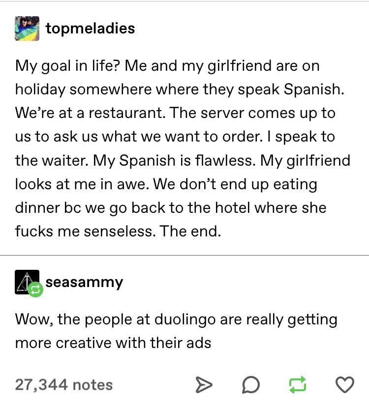 tumblr text that reads 'My goal in life? Me and my girlfriend are on holiday somewhere where they speak Spanish. We're at a restaurant. The server comes up to us to ask us what we want to order. I speak to the waiter. My Spanish is flawless. My girlfriend looks at me in awe. We don't end up eating dinner bc we go back to the hotel where she fucks me senseless, the end,' to which someone responds, 'Wow, the people at duolingo are really getting more creative with their ads