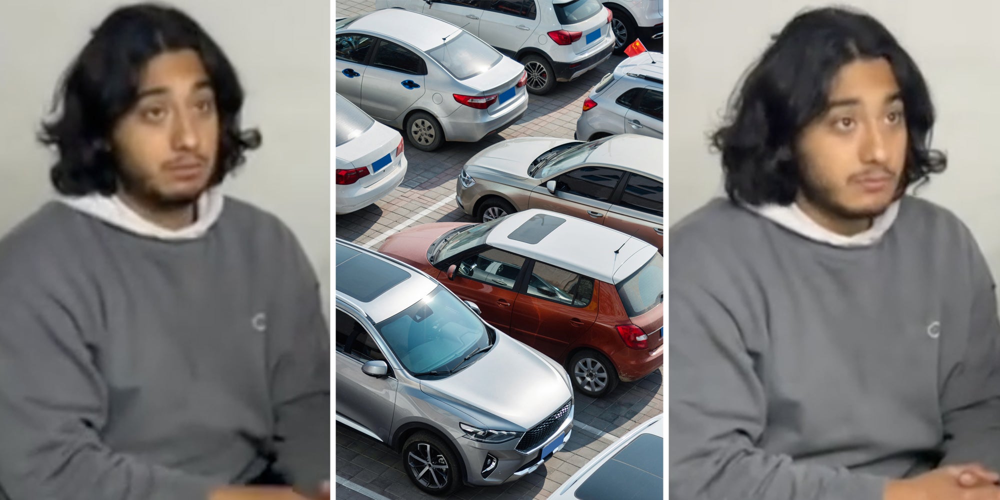 Man looking shocked(l+r), Parking lot(c)