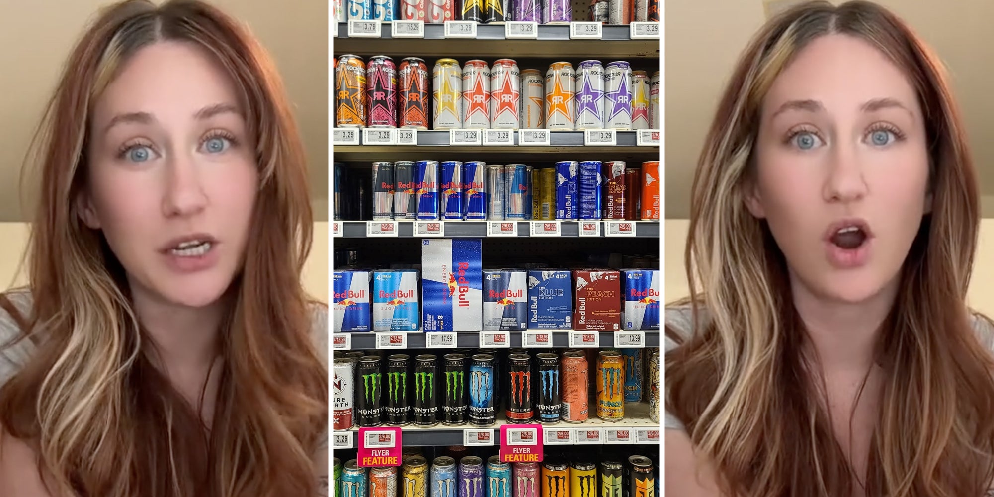 Woman talking(l+r), Energy drinks on shelves(c)