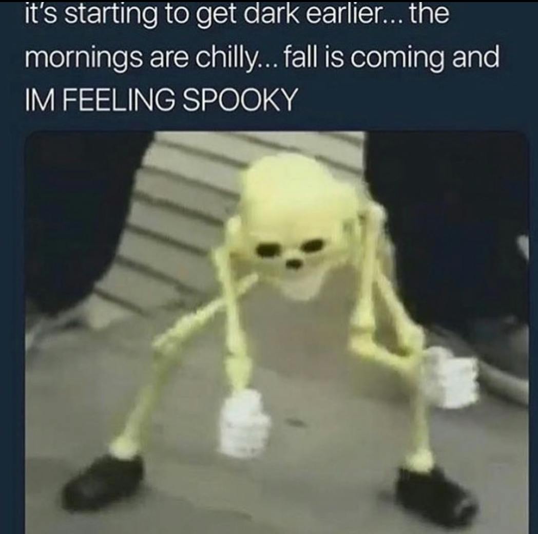 Text reads, 'it's starting to get darker earlier... the mornings are chilly... fall is coming and IM FEELING SPOOKY' with a blurry photo of a dancing skeleton wearing shoes.