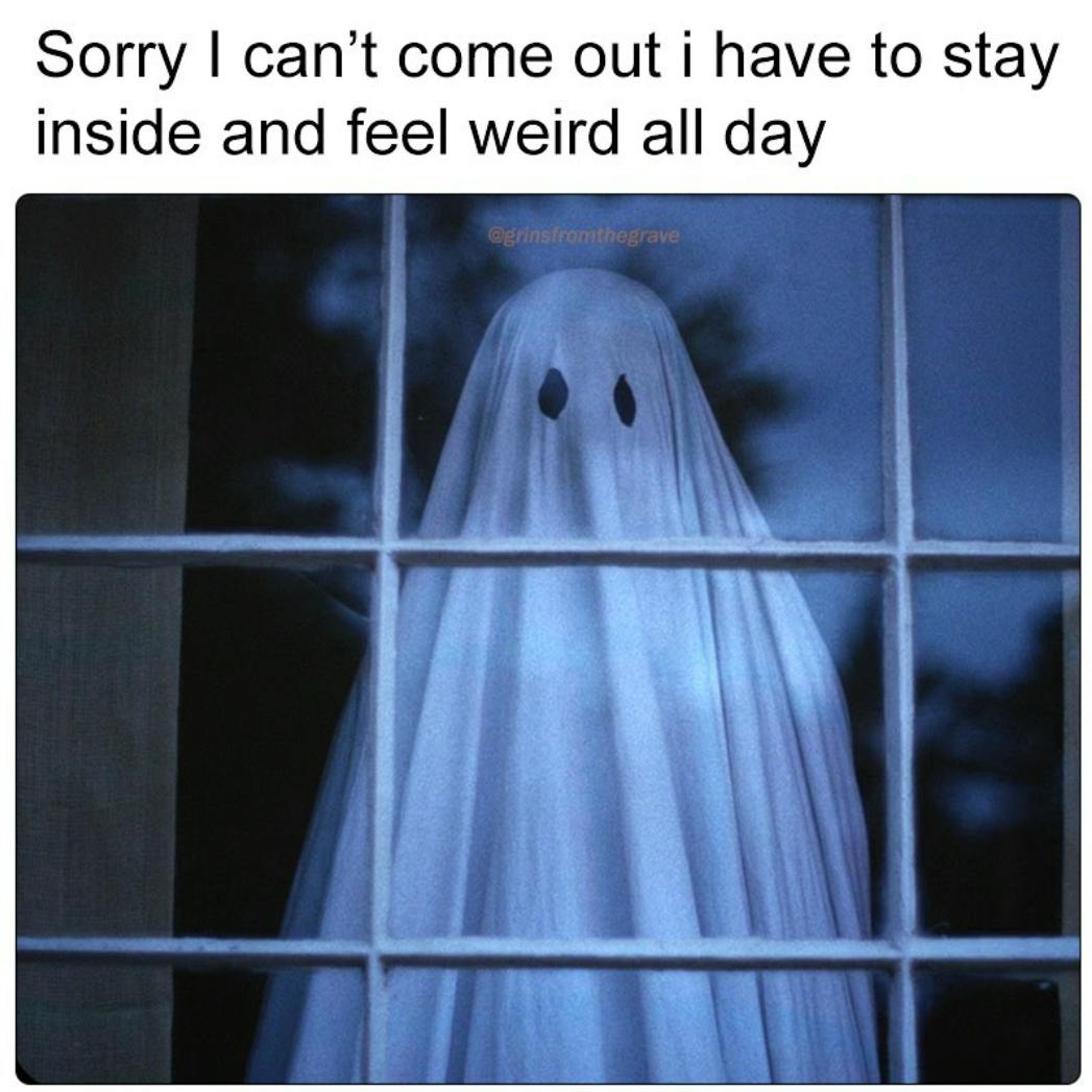 Fall meme that says, 'Sorry I can't come out i have to stay inside and feel weird all day.' Photo of a person in a white bedsheet staring out a window.