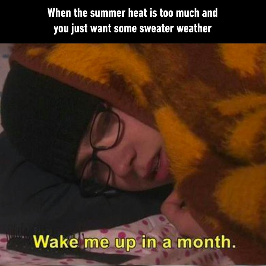 Fall meme that reads, 'When the summer heat is too much and you just want some sweater weather.' Photo of a person wearing a beanie and glasses covered in an orange blanket saying, 'Wake me up in a month.'