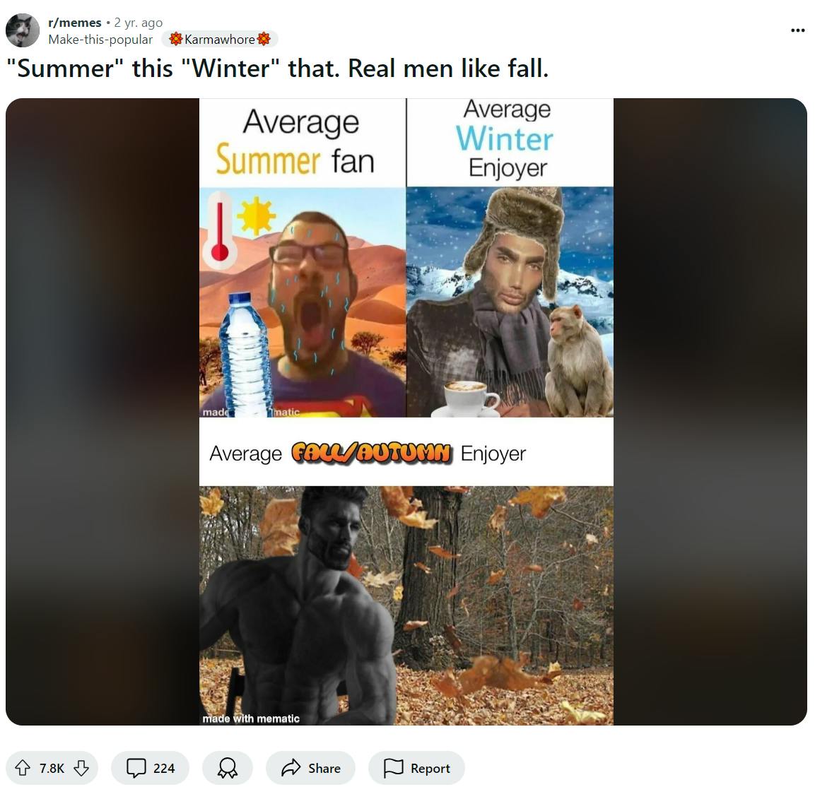 Fall meme of real men liking autumn, not summer or winter.