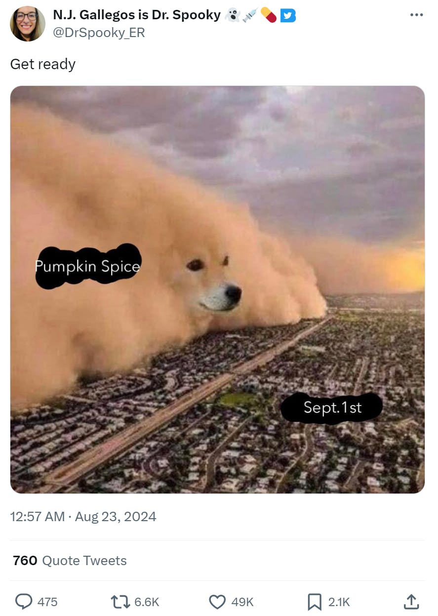 Fall meme of a dust storm taking over a suburban neighborhood. The cloud has a dog's face photoshopped onto it with the text, 'Pumpkin Spice' and the neighboorhood 'Sept. 1st.'