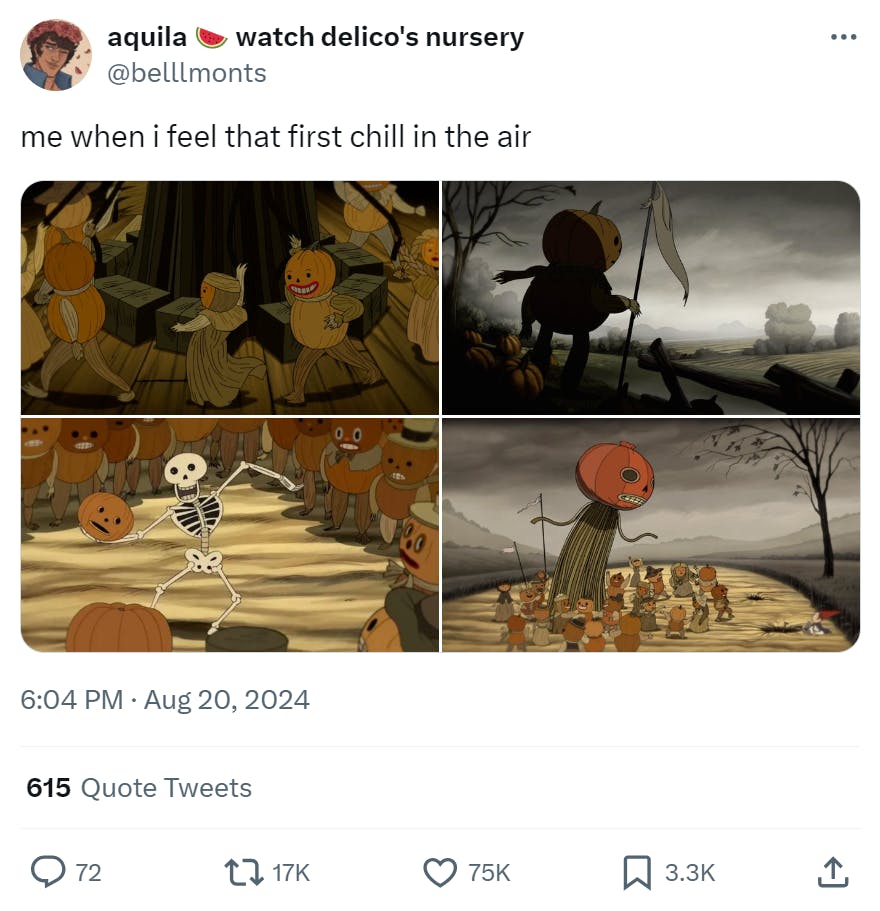 Spooky screenshots of pumpkin-headed creatures and a dancing skeleton. Text in the tweet reads, 'me when i feel that first chill in the air.'