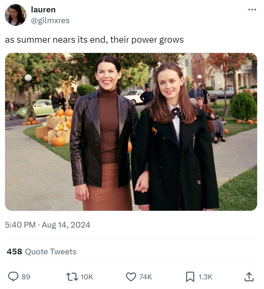 Screenshot of an autumn episode of Gilmore Girls. Text reads, 'as summer nears its end, their power grows'