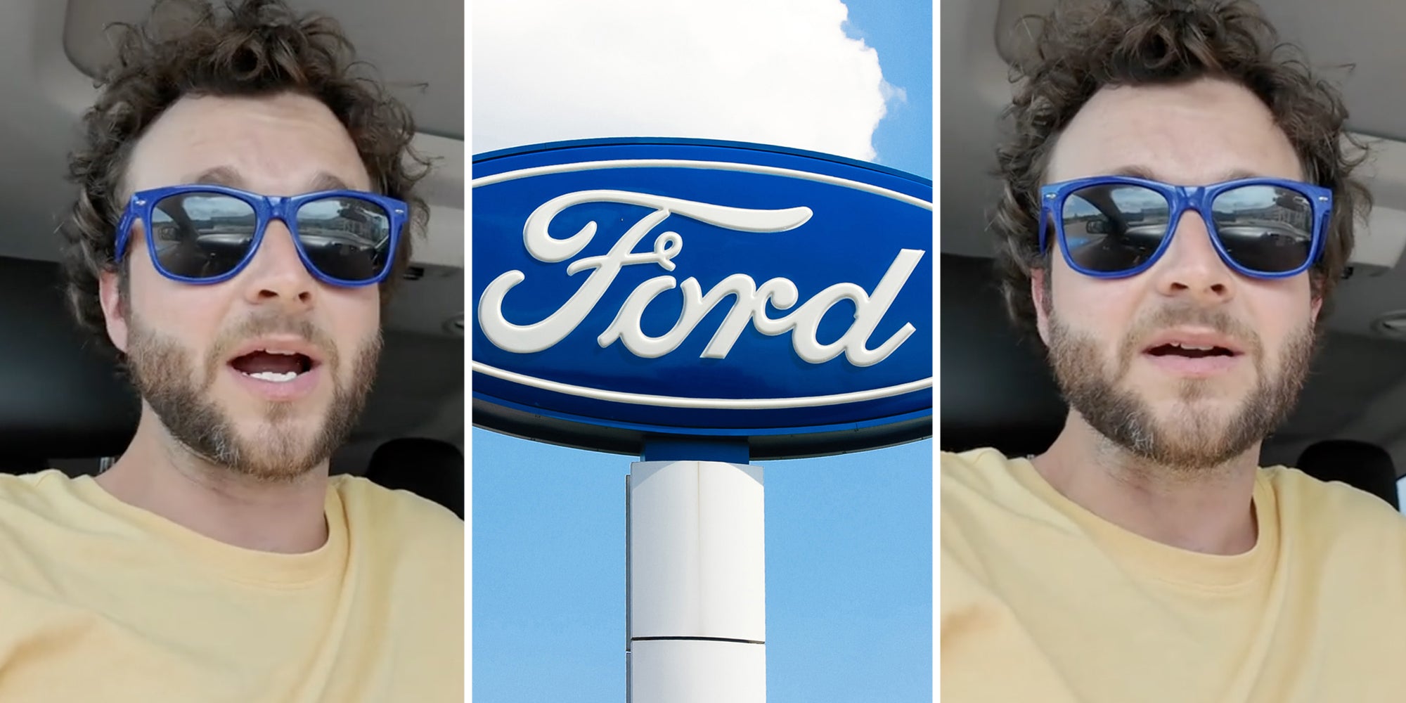 Man talking(l+r), Ford sign(c)