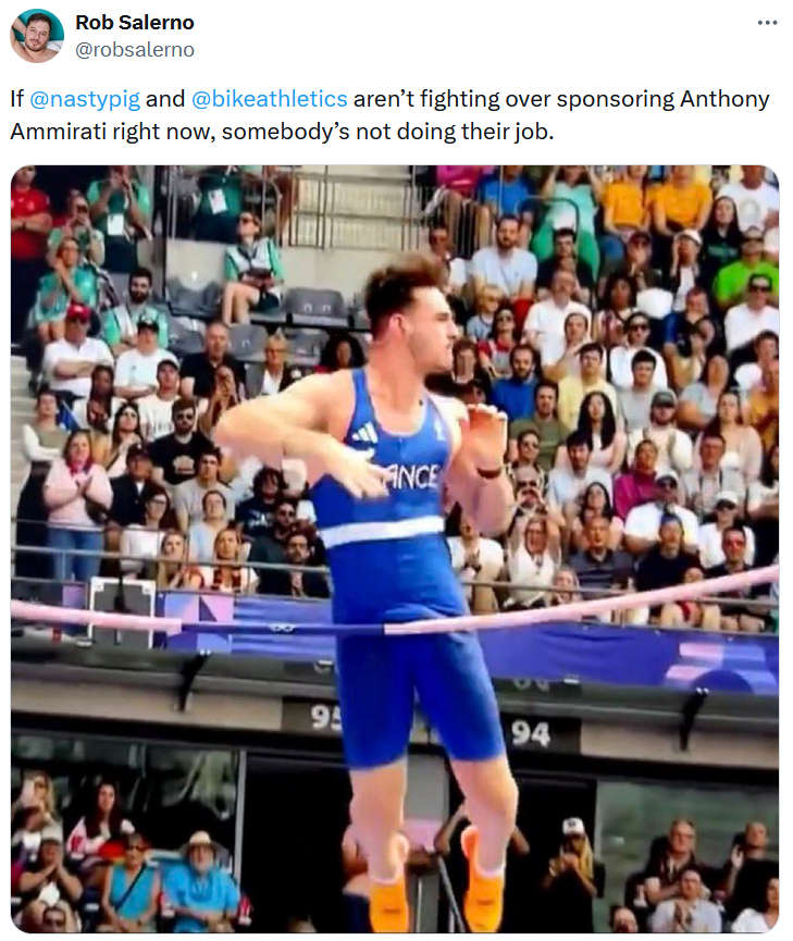 French pole vaulter bulge meme tagging advertisers.