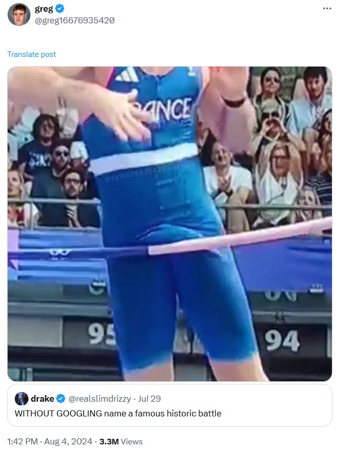 French pole vaulter bulge meme replying to a Drake tweet asking for famous historical battles.