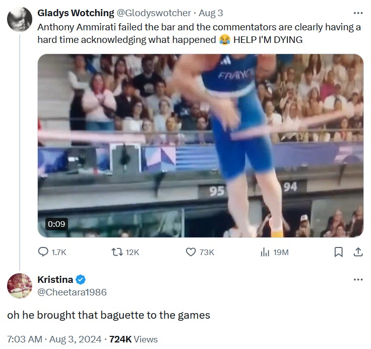 Twitter reply to the Anthony Ammirati footage reading 'oh he brought that baguette to the games.'