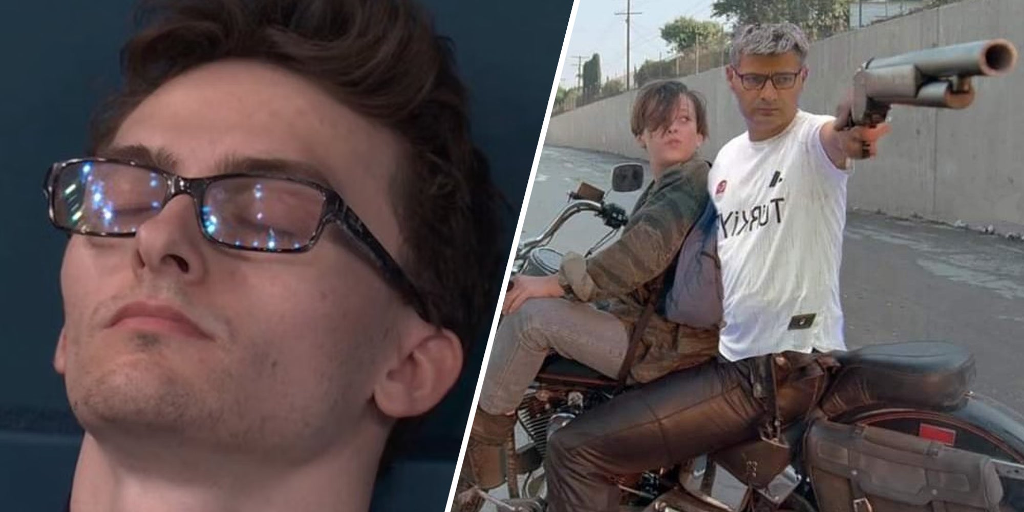Stephen Nedoroscik with closed eyes(l), Turkish shooter Terminator 2 meme(r)