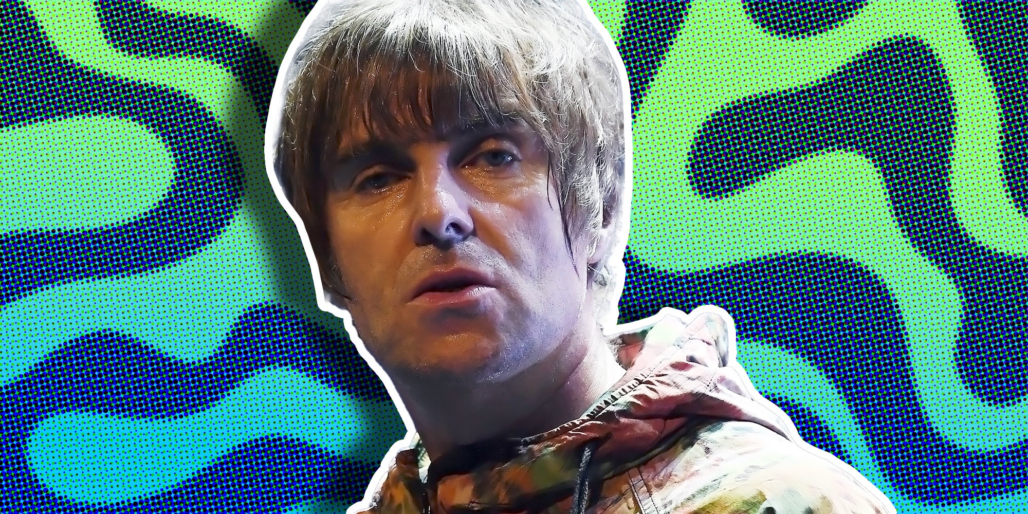 Liam Gallagher in front of swirly background