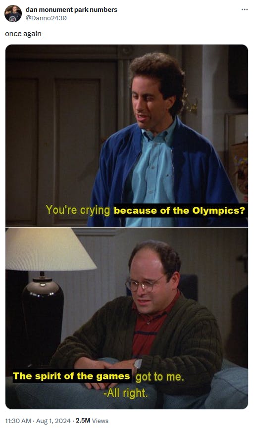 Funny Olympics meme in the Seinfeld crying format.