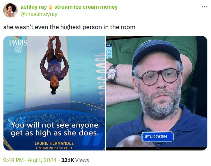 Funny Olympics meme showing Simone Biles and Seth Rogan.