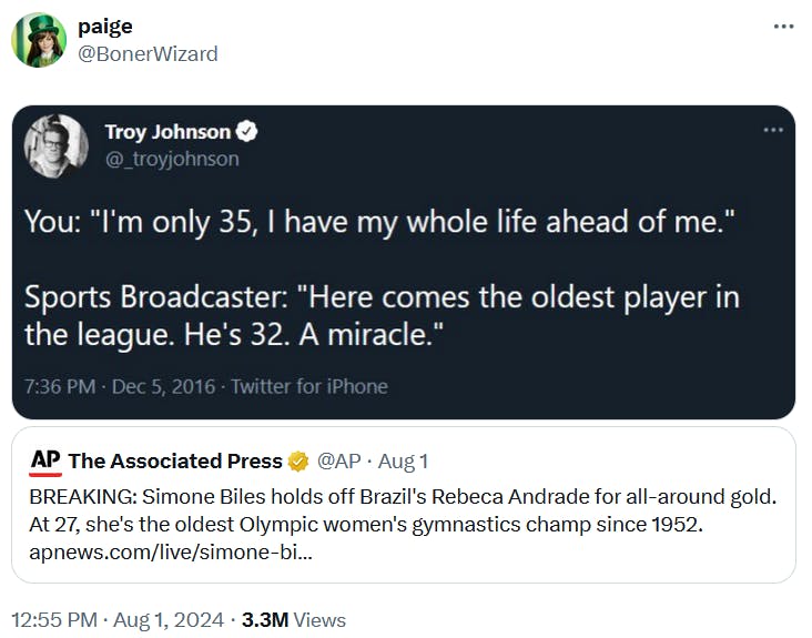 Funny Olympics meme with a screenshot of a tweet about feeling old.