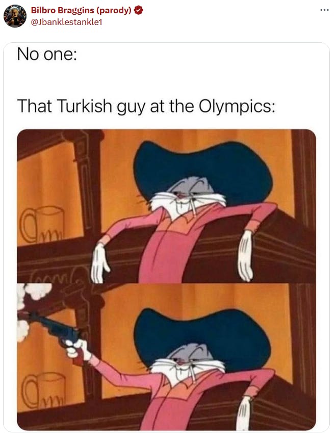 Funny Olympics meme comparing the Turkish shooter to cowboy Bugs Bunny.