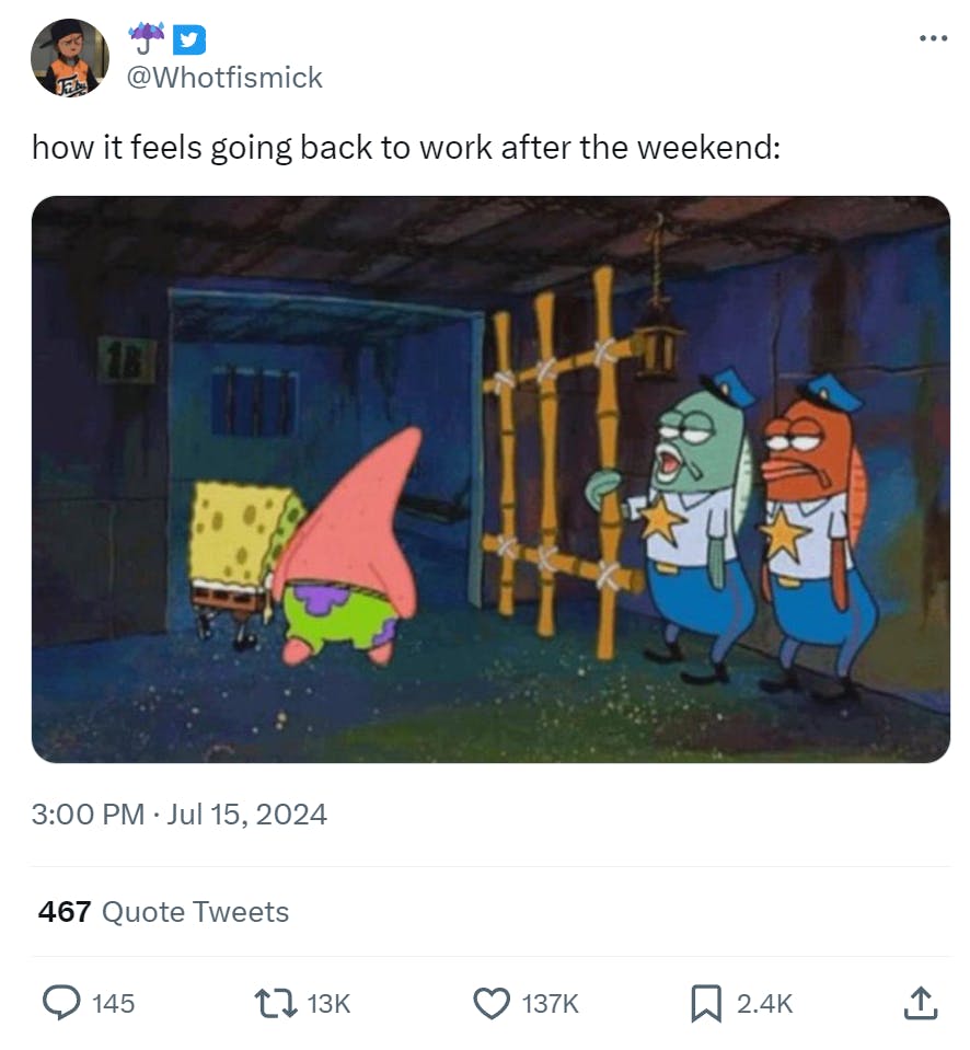 Funny work meme that reads, 'how it feels going back to work after the weekend:' showing Spongebob and Patrick being let out of jail.