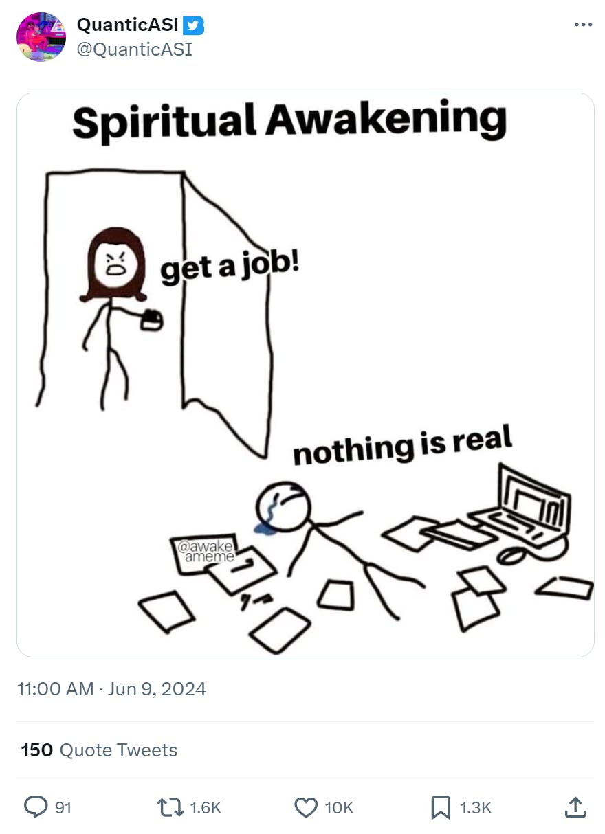 A funny work meme with a stick figure woman yelling at a stick figure surrounded by papers and a computer sobbing about 'nothing is real.'