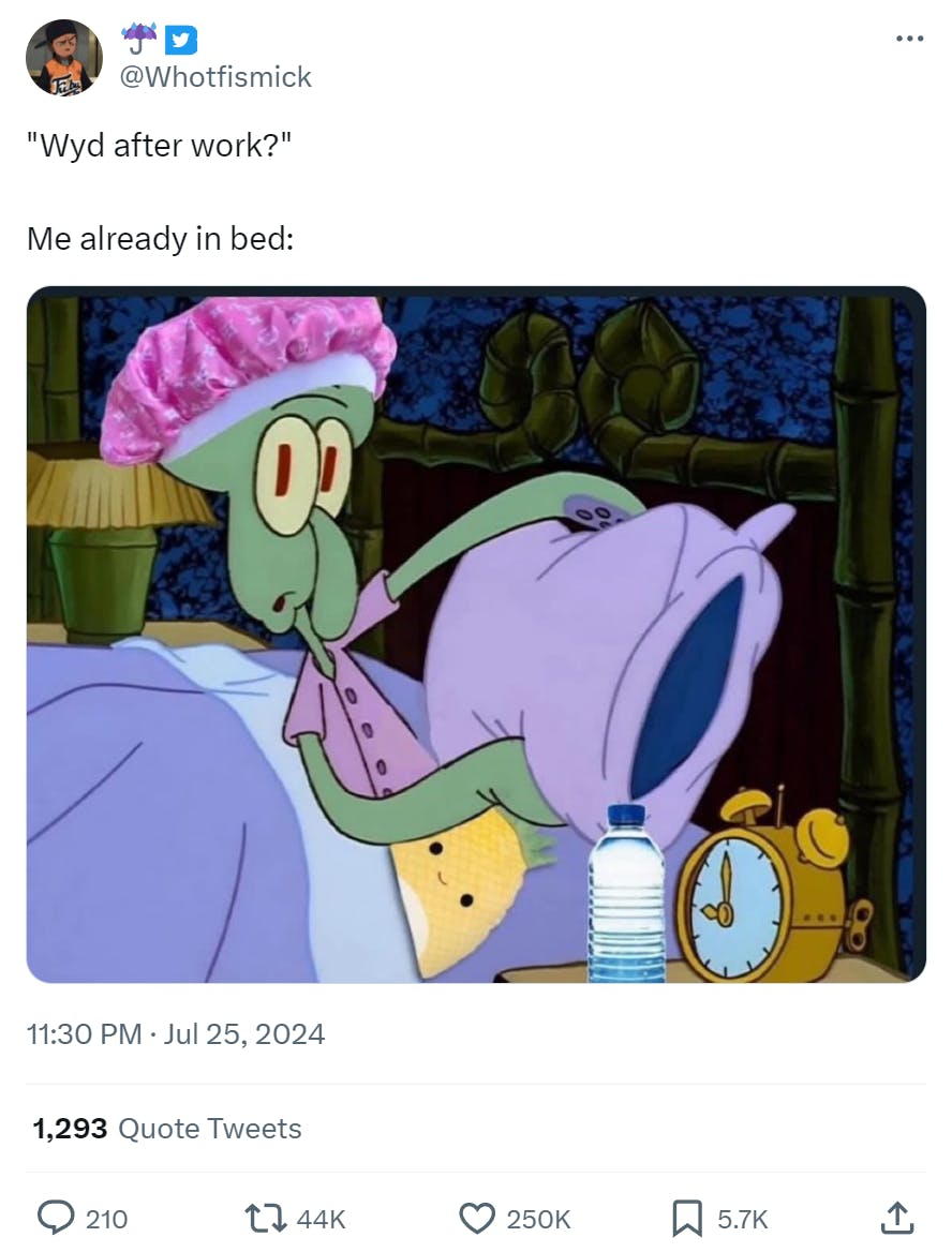 Funny work meme that reads, ''Wyd after work?' Me already in bed:' with a screenshot of Squidward getting ready for bed wearing a bonnet and with a bottle of water on the table.