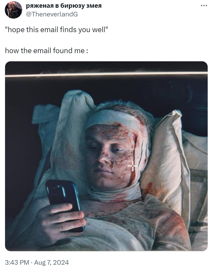 Funny work meme, text reads, ''hope this email finds you well' how the email found me :' with a photo of a very injured person in a hospital looking at their phone.