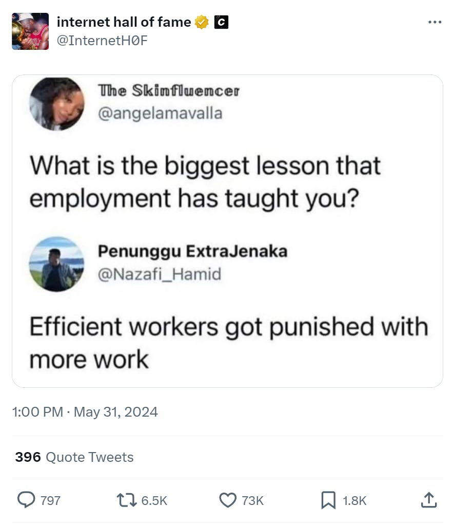 Funny work meme about how efficient workers get punished with more work.