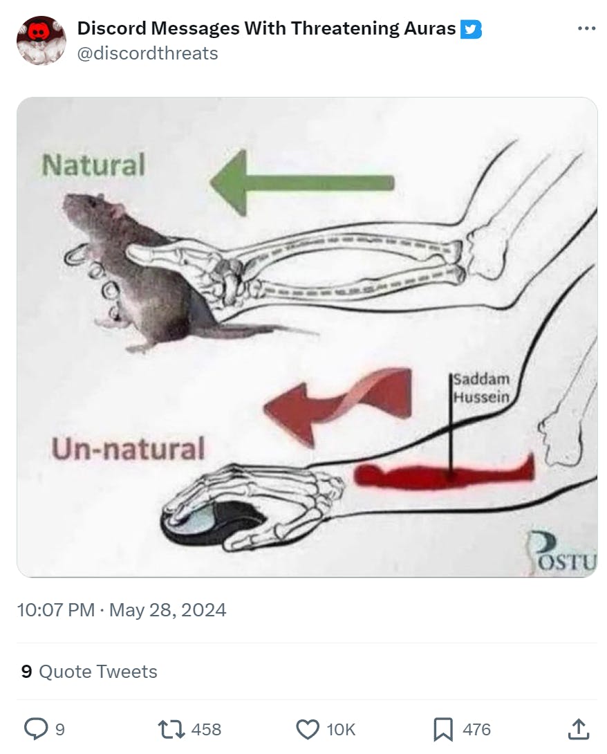 Funny work meme about holding a computer mouse being unnatural versus a live mouse being natural.