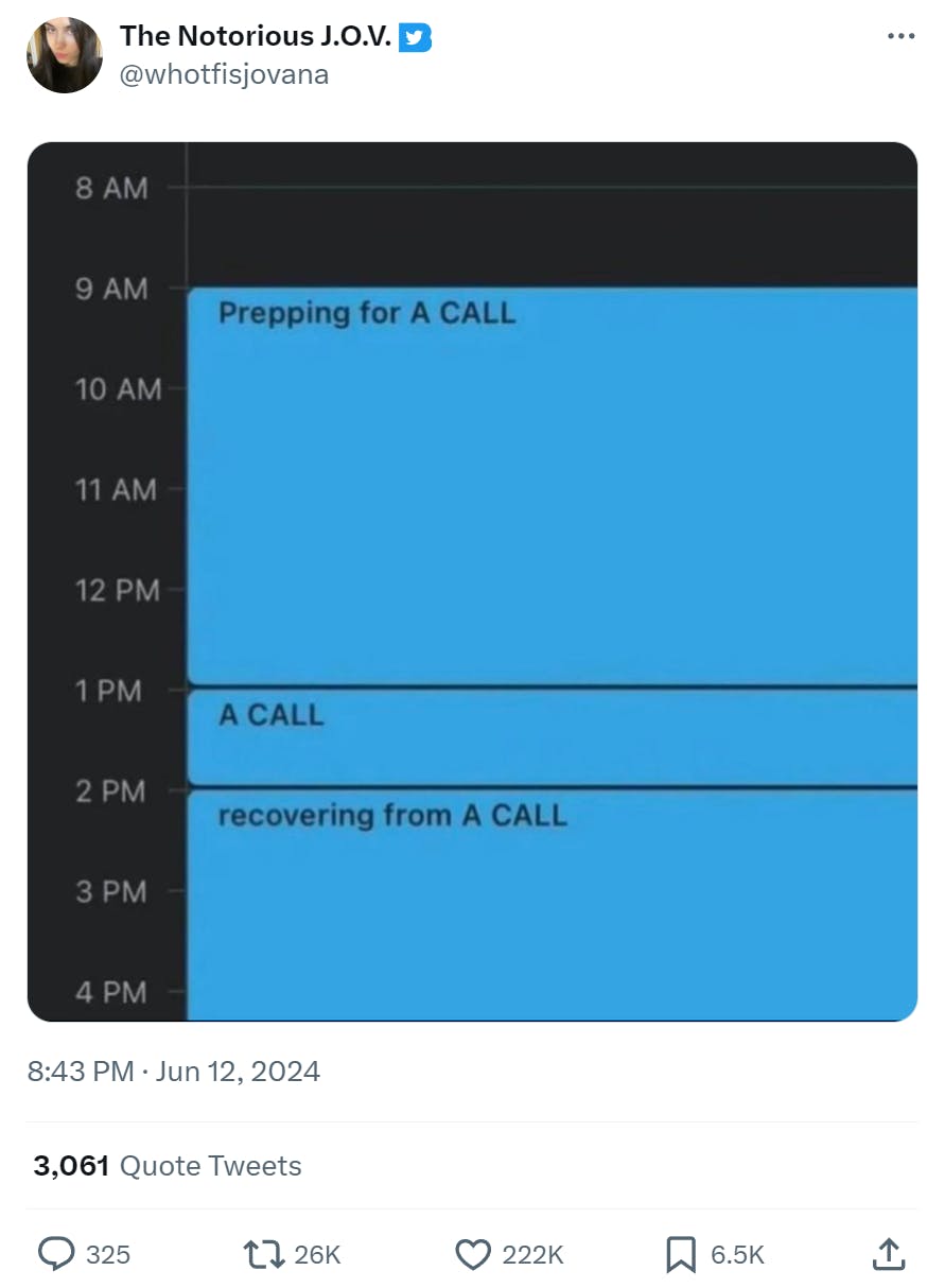 Funny work meme showing a blocked-off work calendar about prepping for a call and recovering from the call.