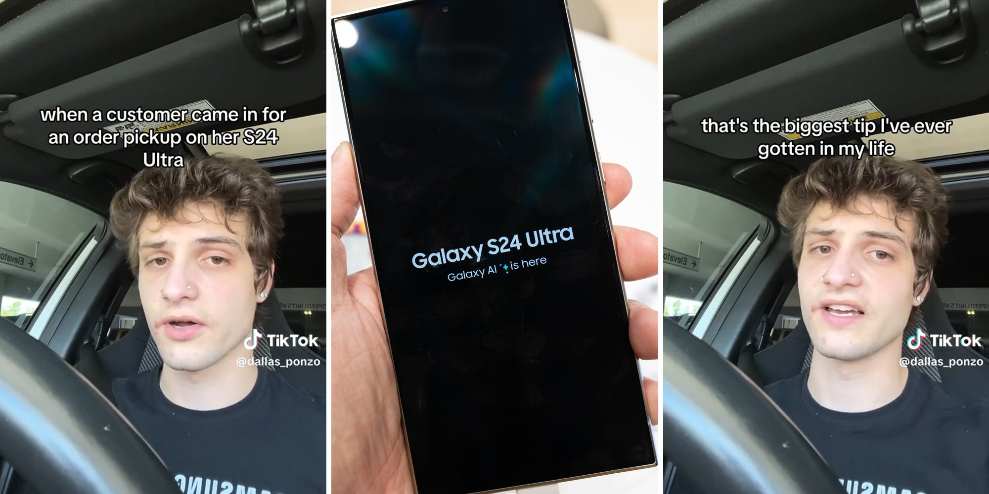young man in car with caption 'when a customer came in for an order pickup on her S24 Ultra' (l) Galaxy S24 Ultra phone (c) young man in car with caption 'that's the biggest tip I've ever gotten in my life' (r)